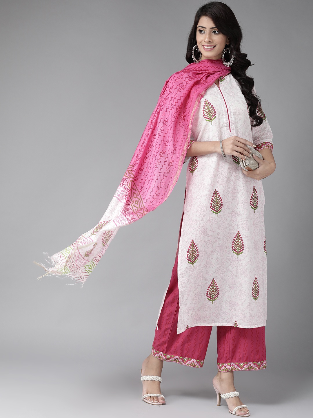 

Libas Women White & Pink Ethnic Print Pure Cotton Kurta with Palazzos & With Dupatta