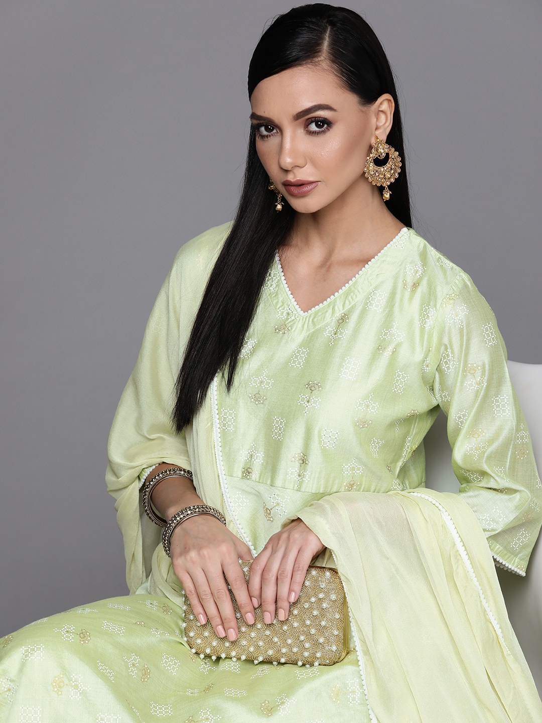 

Libas Women Green & White A-line Kurta with Palazzos & Dupatta