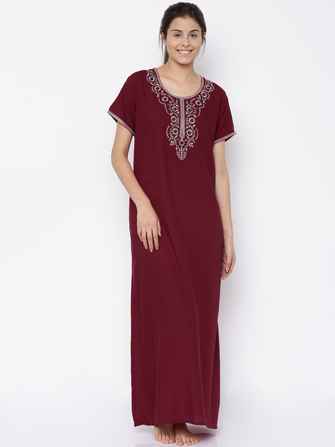 

Sand Dune Maroon Embroidered Maxi Nightdress 4081