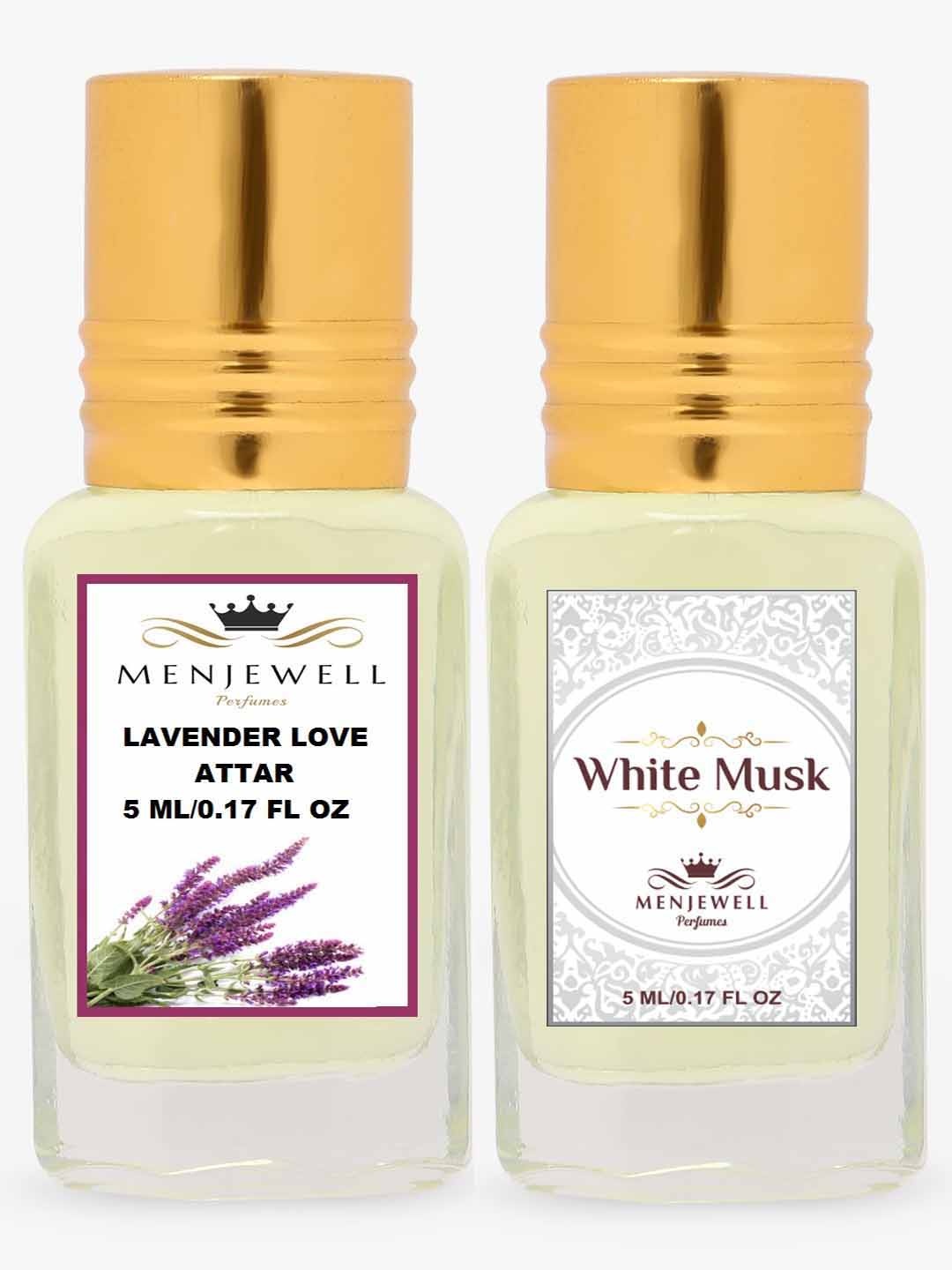 

Menjewell Fragrances Combo Pack of 2PCs Attar (Lavender Love 5ML, White Musk 5ML), Transparent