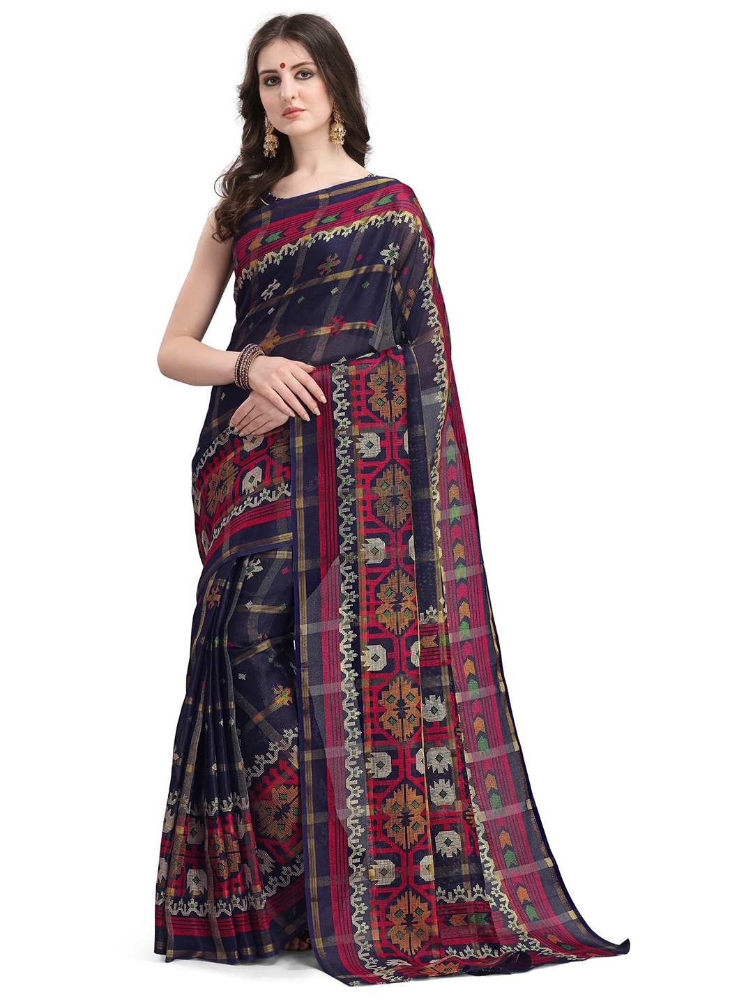 

KALINI Navy Blue & Red Fusion Kota Doria Printed Saree