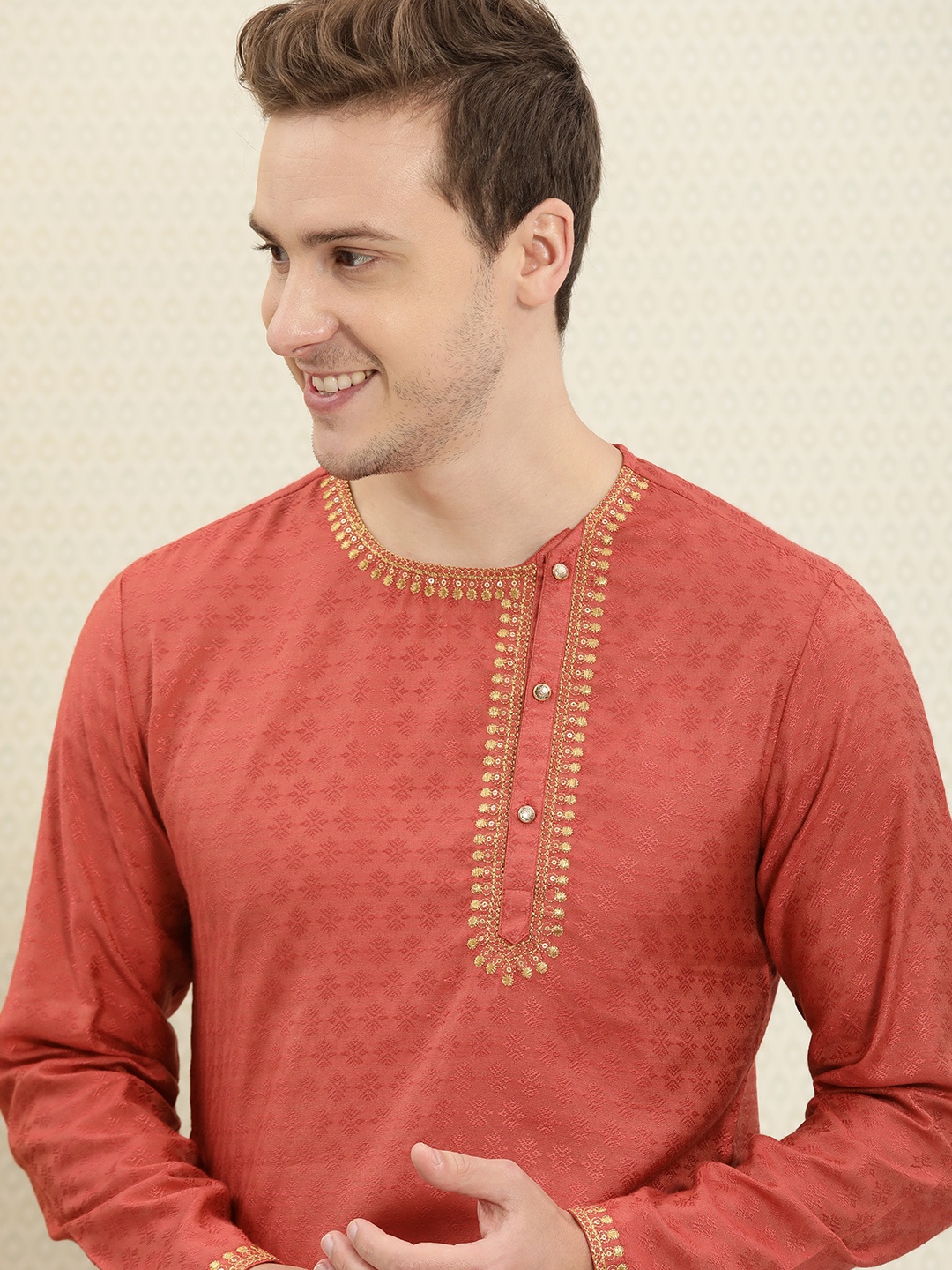 

House of Pataudi Men Rust Red Woven Design Zari Work Jashn Kurta