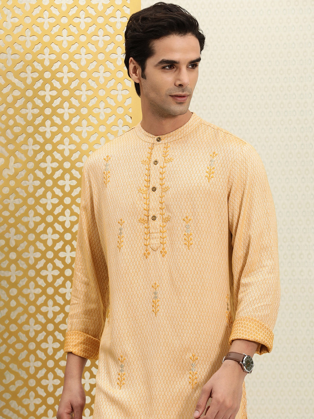 

House of Pataudi Men Mustard Yellow Woven Design Jashn Kurta