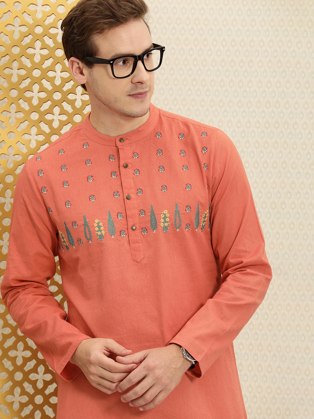 

House of Pataudi Men Orange Thread Work Jashn Kurta