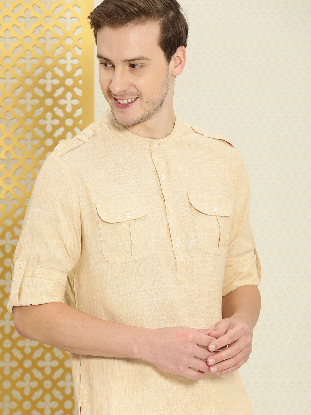 

House of Pataudi Men Cream-Coloured Embroidered Rozana Kurta
