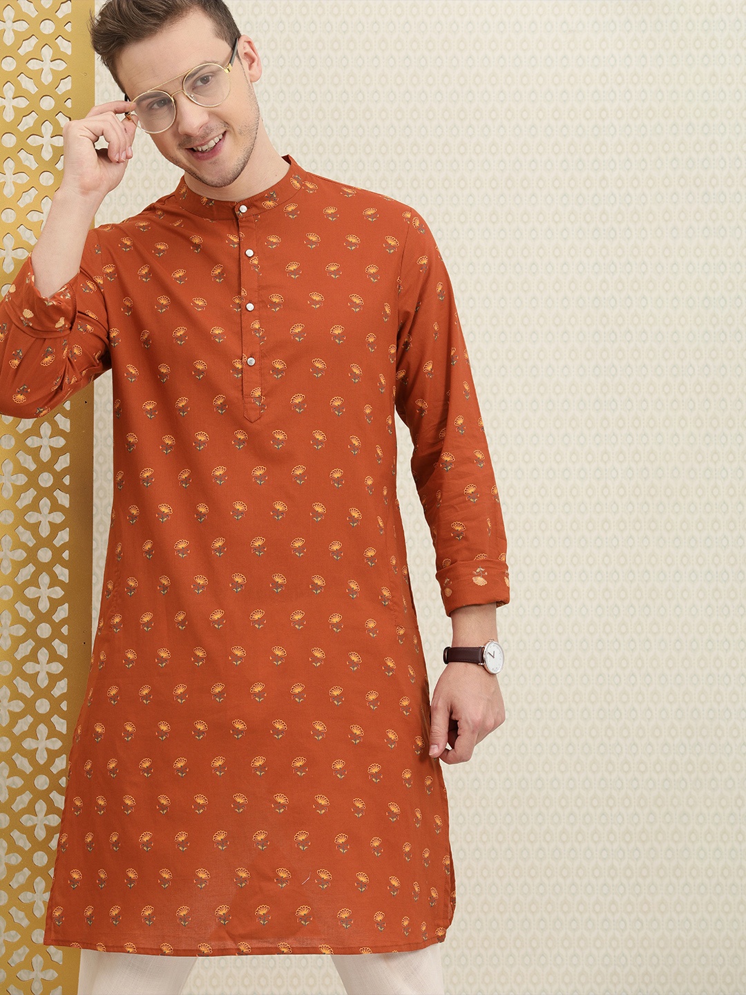 

House of Pataudi Men Rust Orange Floral Printed Pure Cotton Rozana Straight Kurta