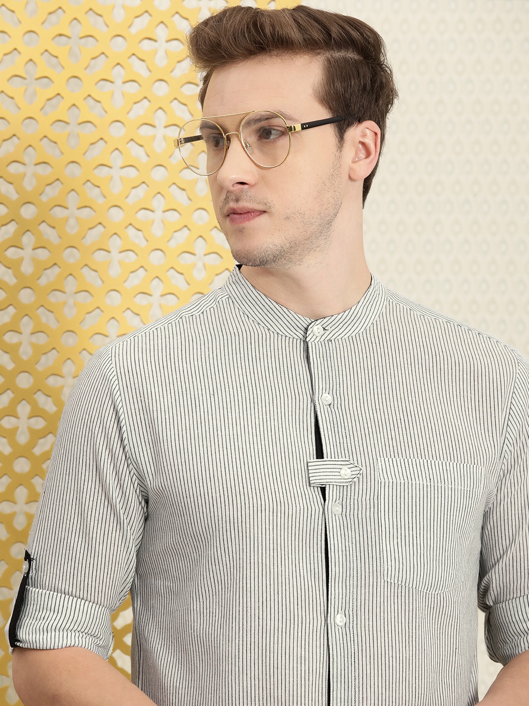 

House of Pataudi Men Off White & Black Striped Casual Shirt