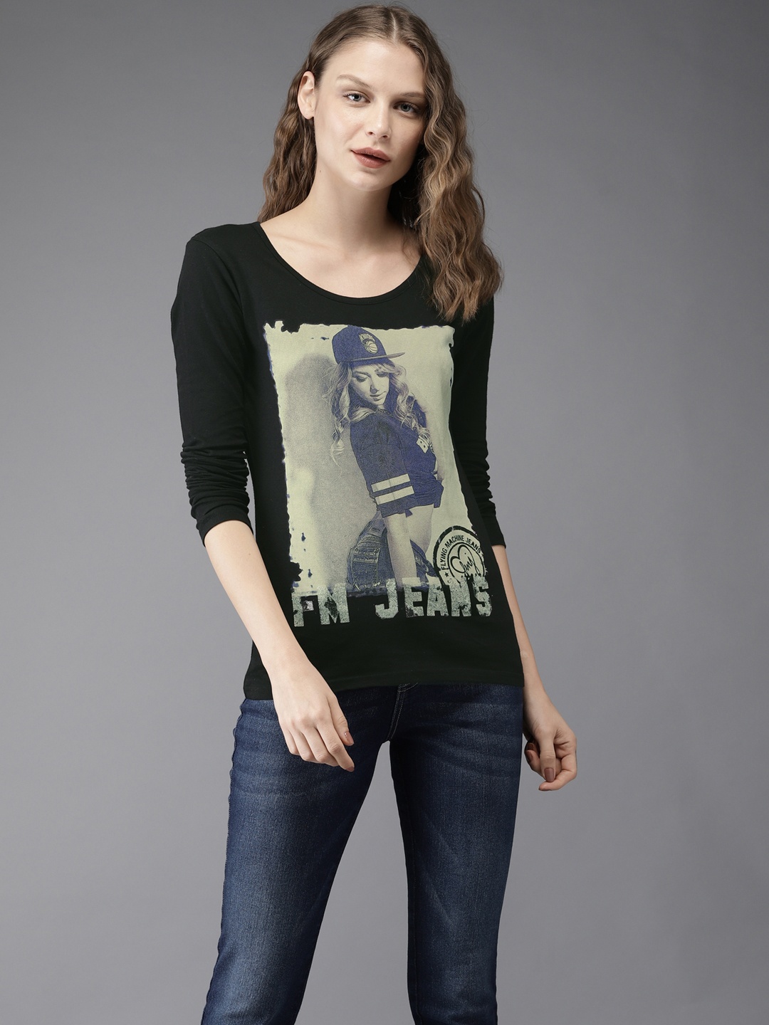 

Flying Machine Women Black Printed Round Neck Pure Cotton T-shirt