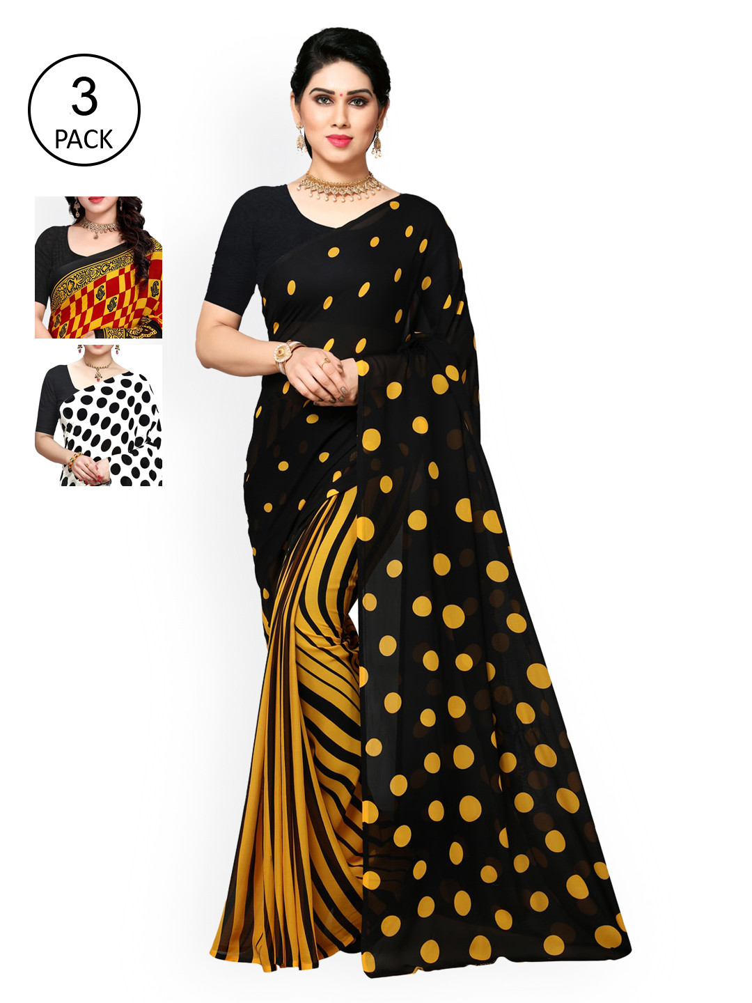 

KALINI Pack of 3 Printed Poly Georgette Sarees, Multi