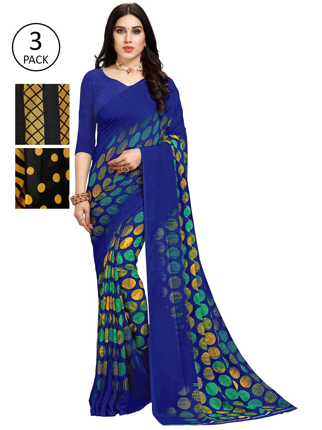 

KALINI Pack of 3 Printed Poly Georgette Saree, Multi
