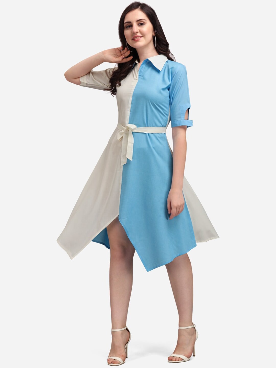 

Youthnic Blue & White Colourblocked Shirt Dress