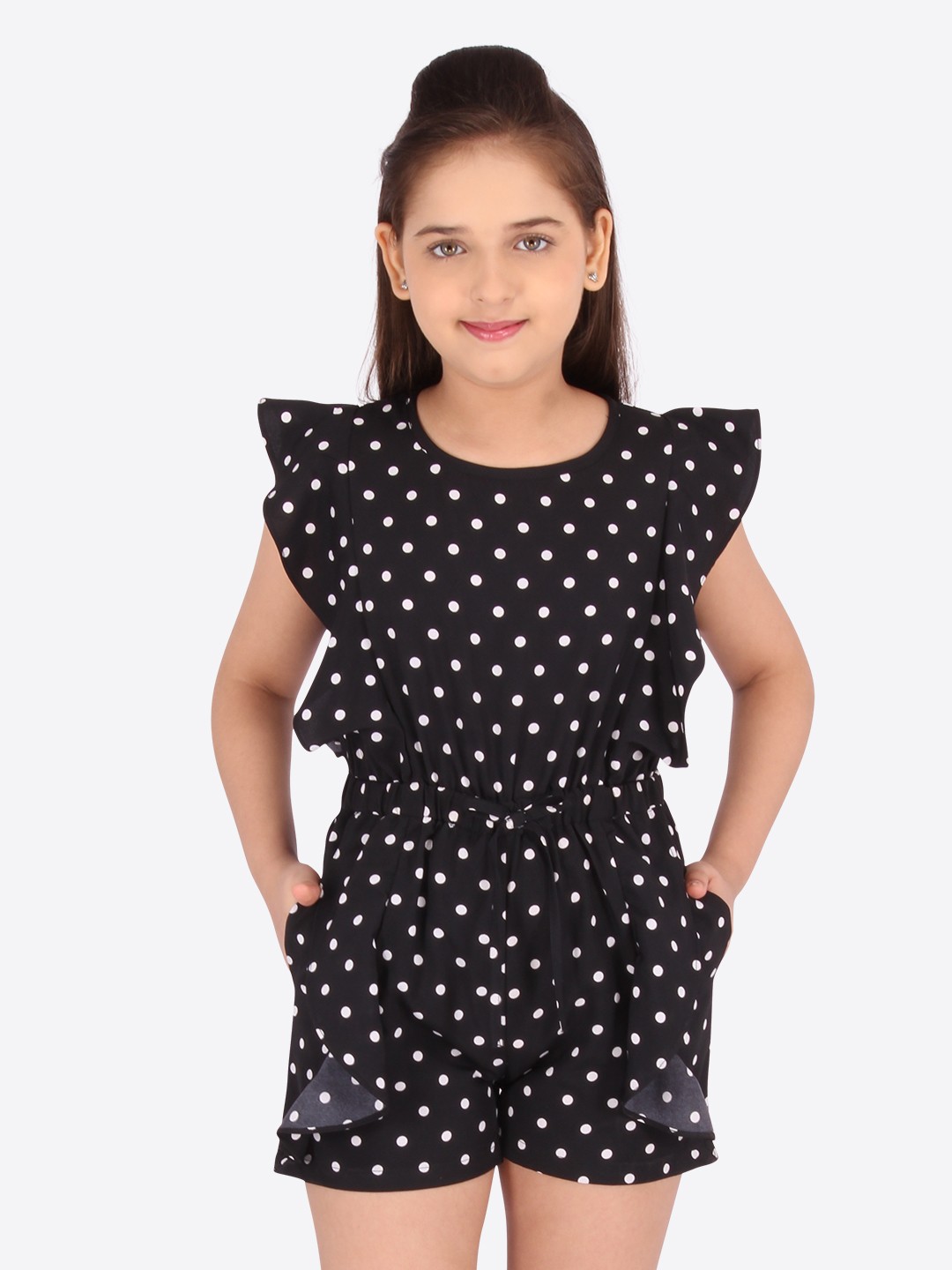 

CUTECUMBER Girls Black & White Polka Dots Printed Jumpsuit