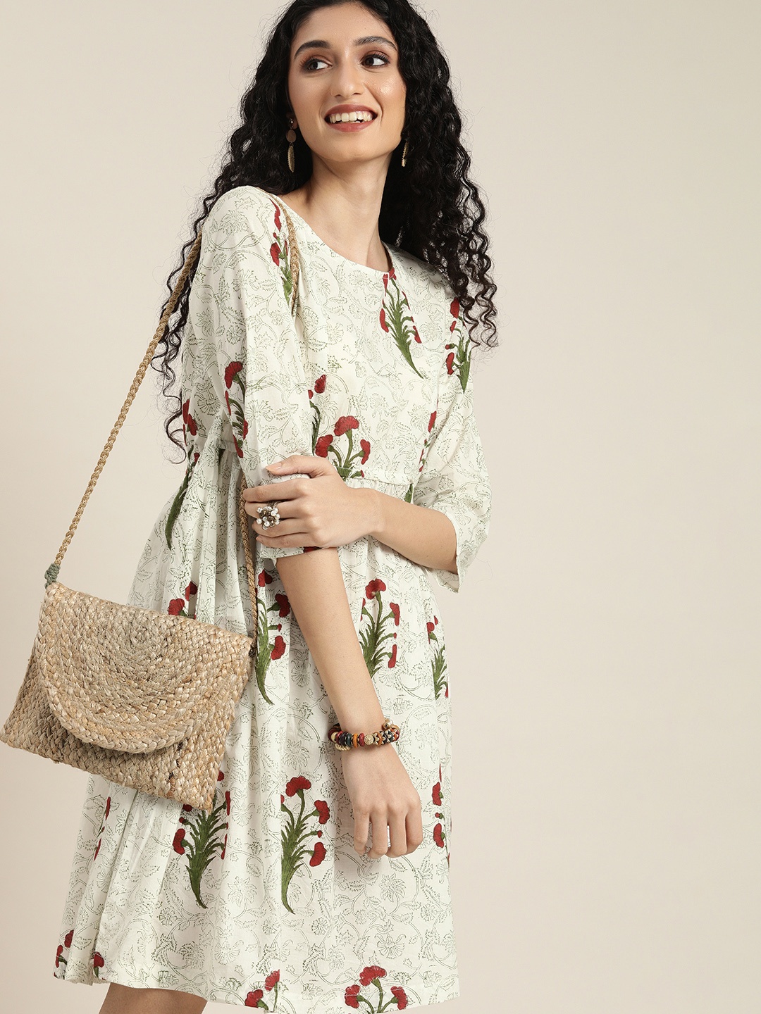 

Taavi Off White & Green Block Print Legacy Sustainable A-Line Dress with Gathers