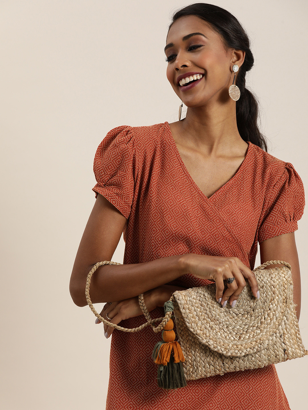

Taavi Women Rust Printed Woven Legacy A-Line Dress with Puff Sleeves