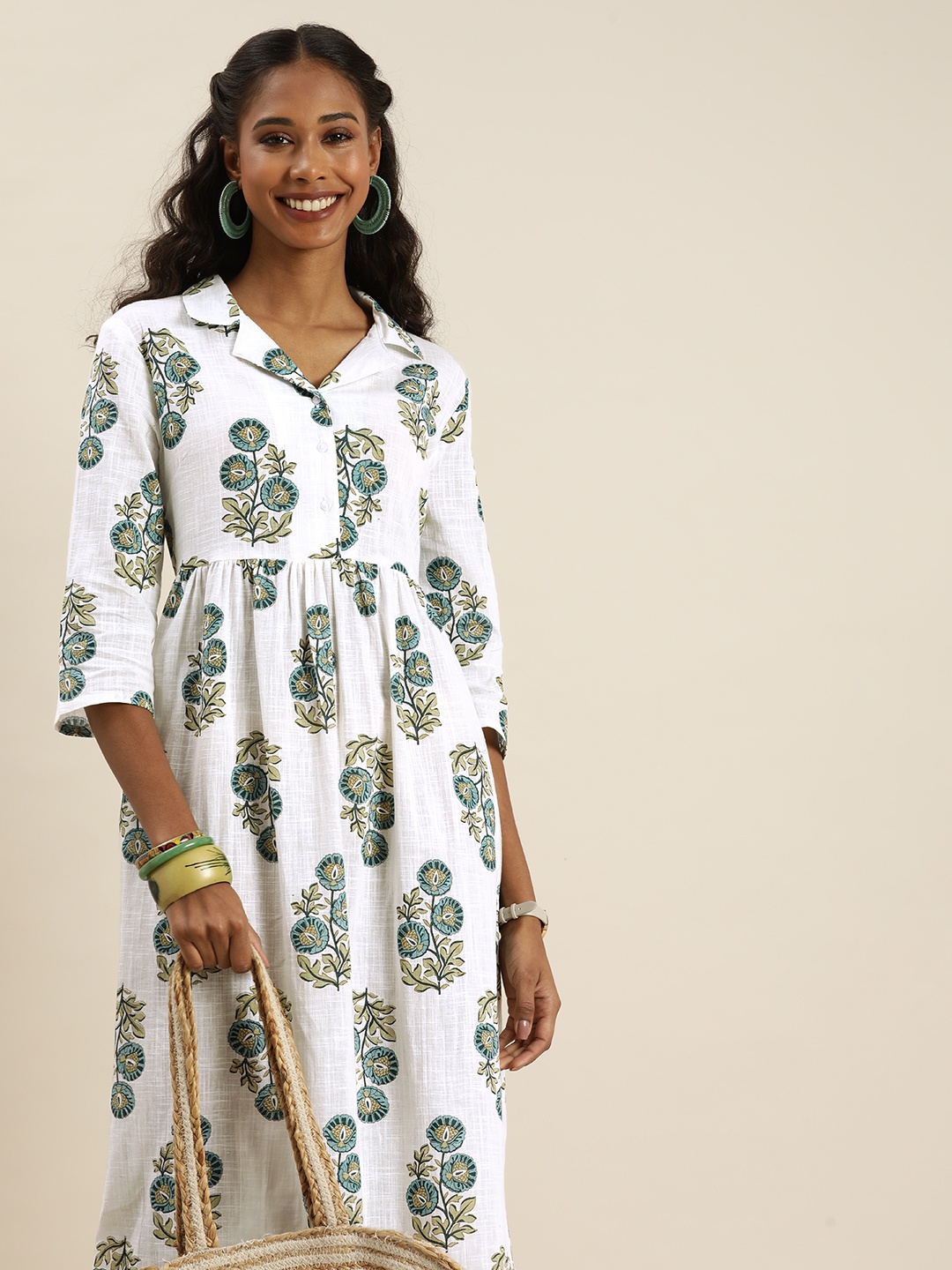 

Taavi White & Blue Hand Block Print A-Line Sustainable Midi Pure Cotton Floral Dress