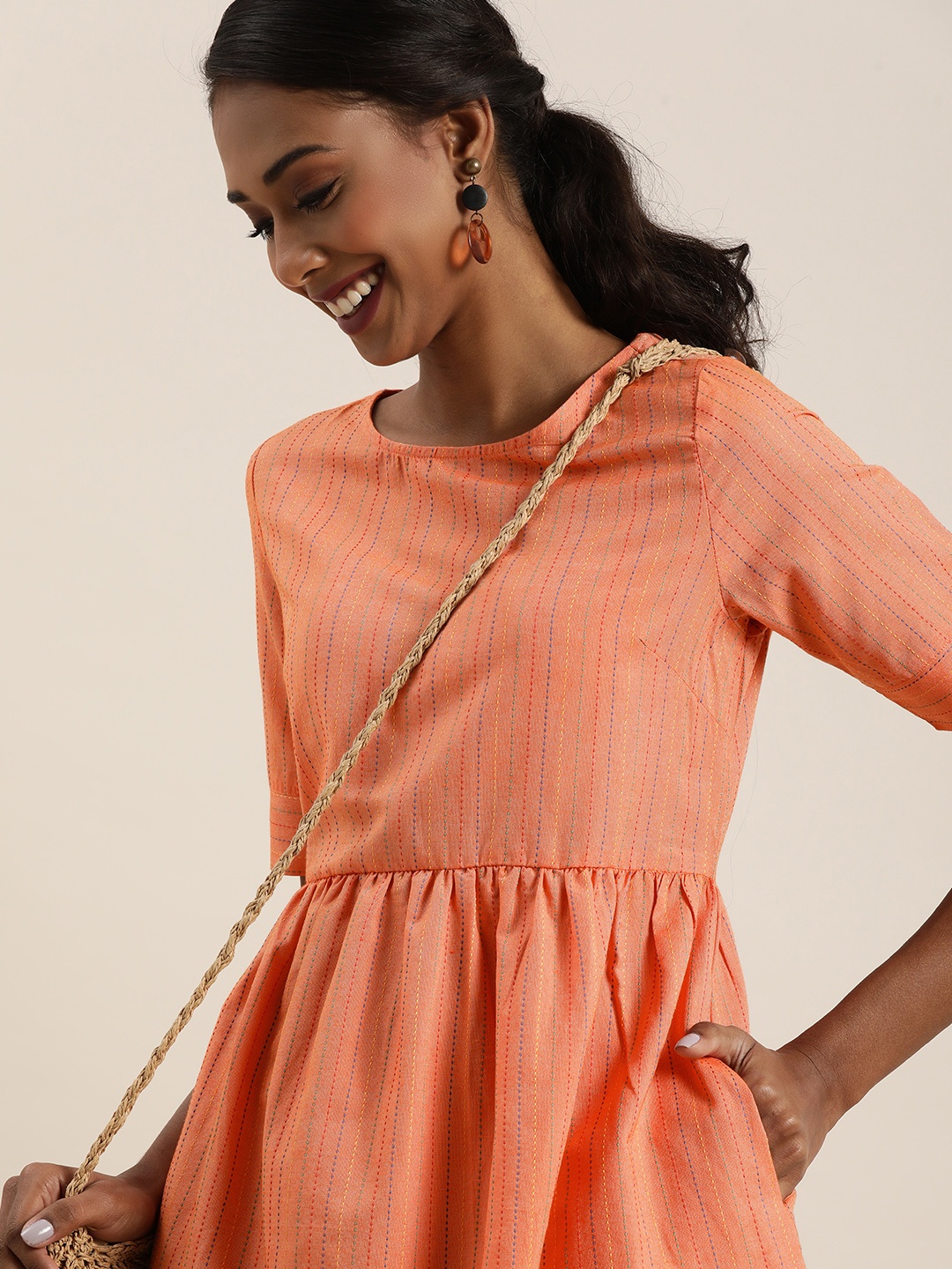 

Taavi Women Peach-Coloured Striped Woven Legacy Fit & Flare Dress with Gathers & Pleats