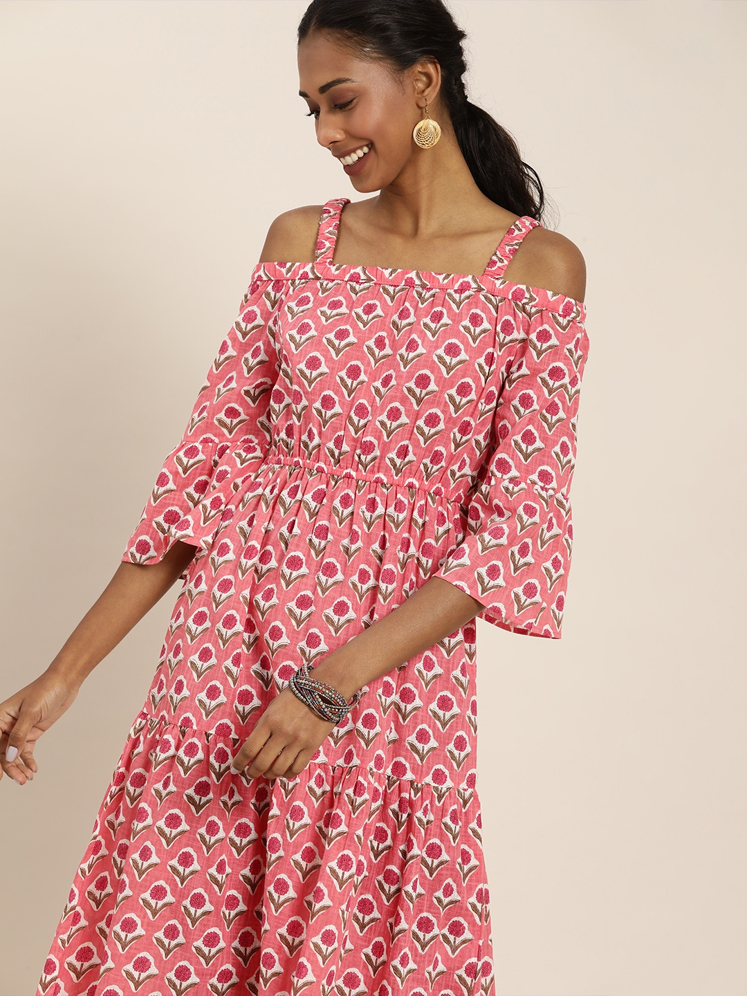 

Taavi Pink & White Floral Block Print Legacy Cold-Shoulder Fit & Flared Tiered Dress
