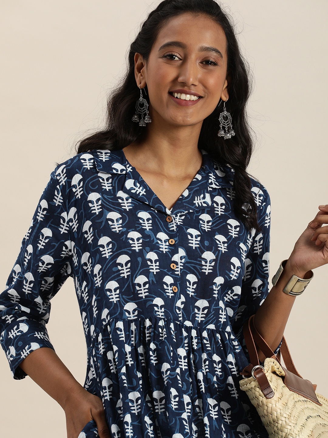 

Taavi Women Blue & White Block Print Legacy Sustainable Dress With Pleated Detailing