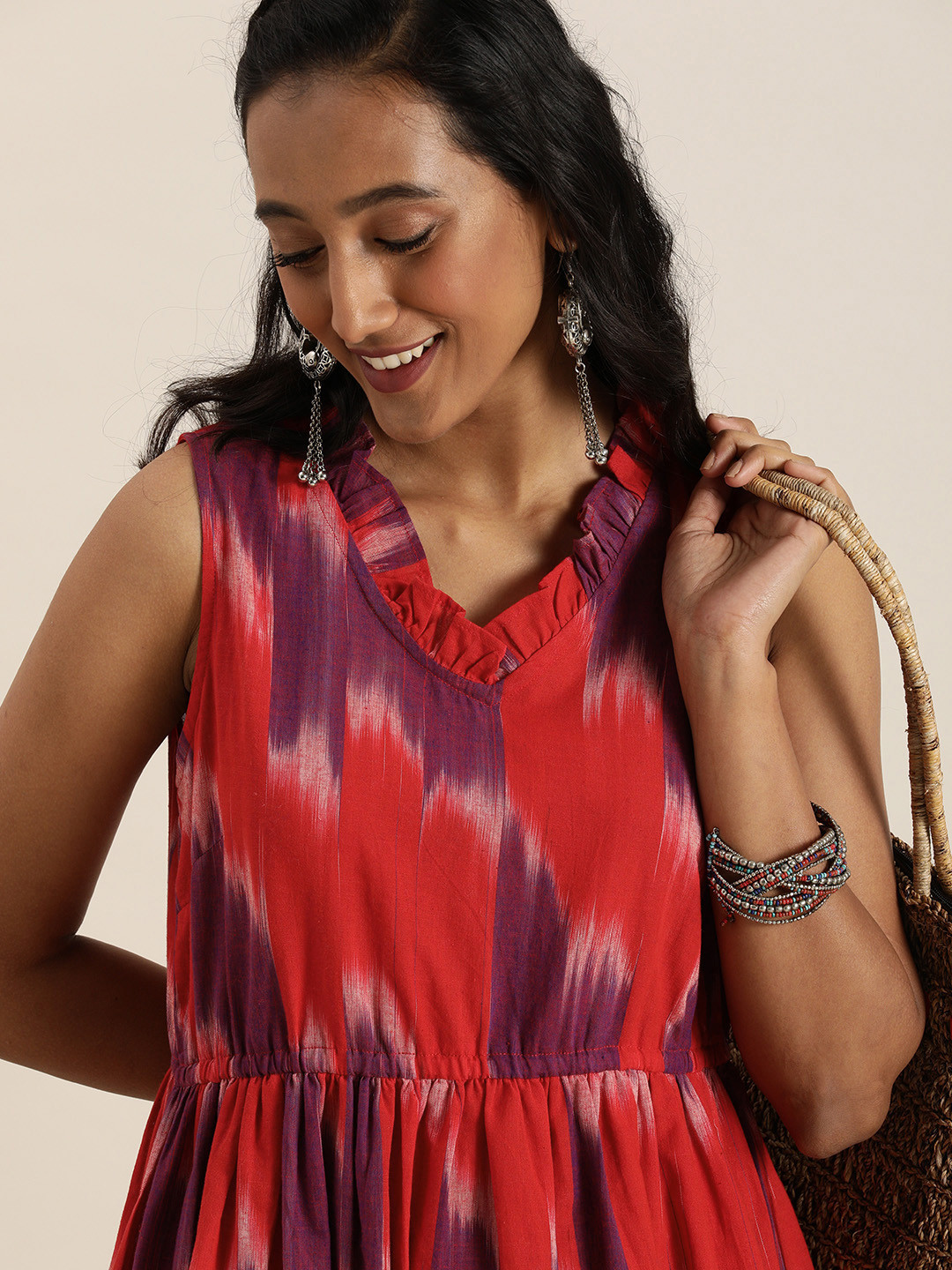 

Taavi Women Red & Purple Ikat Woven Design Ethnic A-Line Sustainable Dress with Gathers