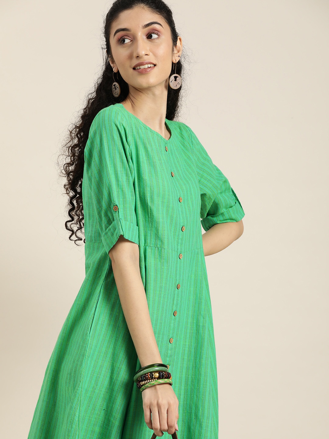 

Taavi Women Green Striped Pure Cotton Woven Legacy A-Line Dress