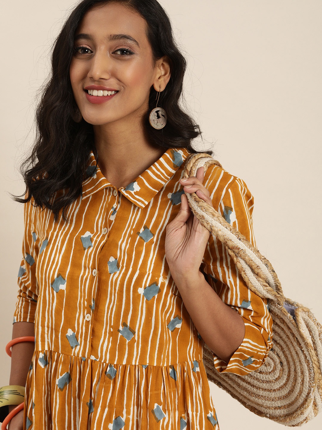 

Taavi Mustard Yellow & Off White Hand Block Print Legacy Shirt Collar Ethnic Dress