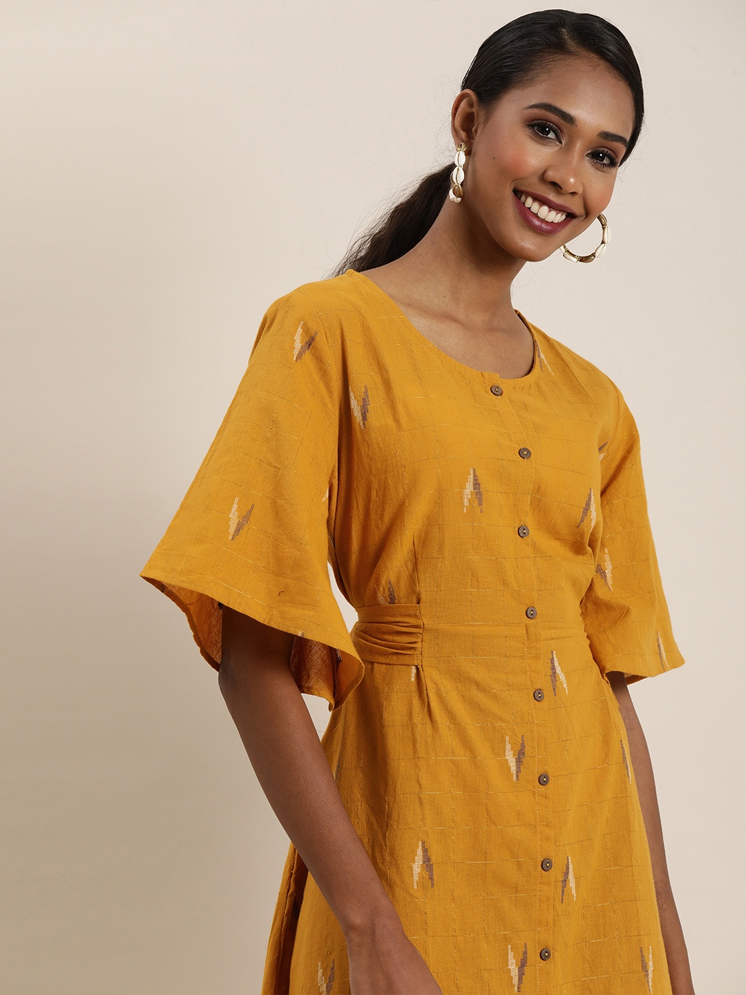 

Taavi Women Yellow & Brown Printed Woven Legacy A-Line Midi Dress With Flared Sleeves