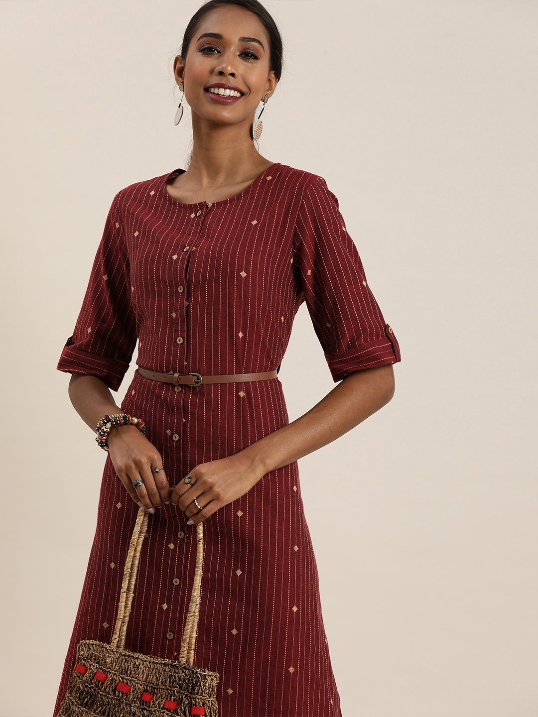 

Taavi Women Red & Beige Striped Woven Legacy A-Line Midi Dress with Roll-Up Sleeves