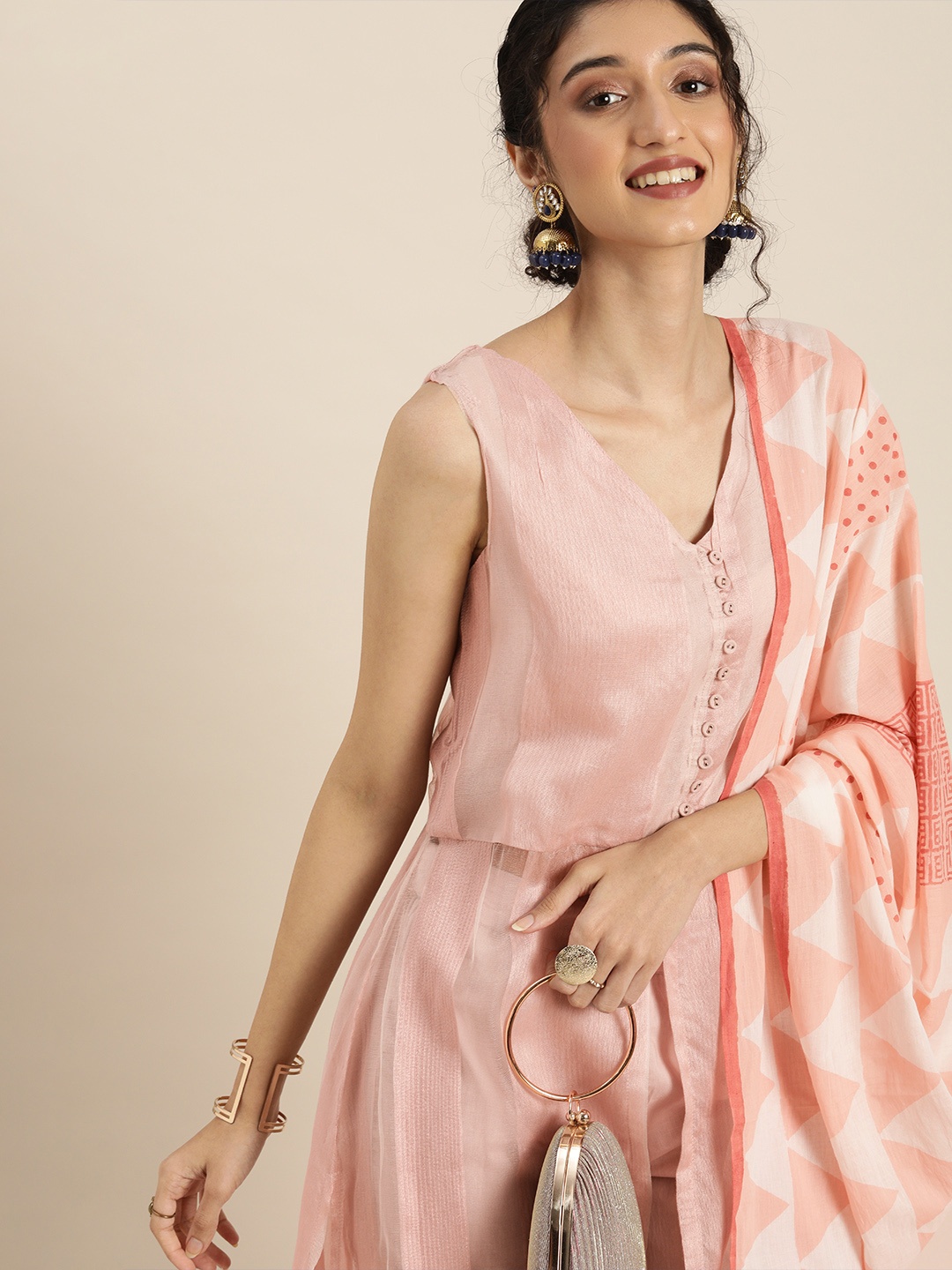 

Taavi Women Pink Regular Pure Cotton Woven Legacy A-Line Sustainable Kurta Set