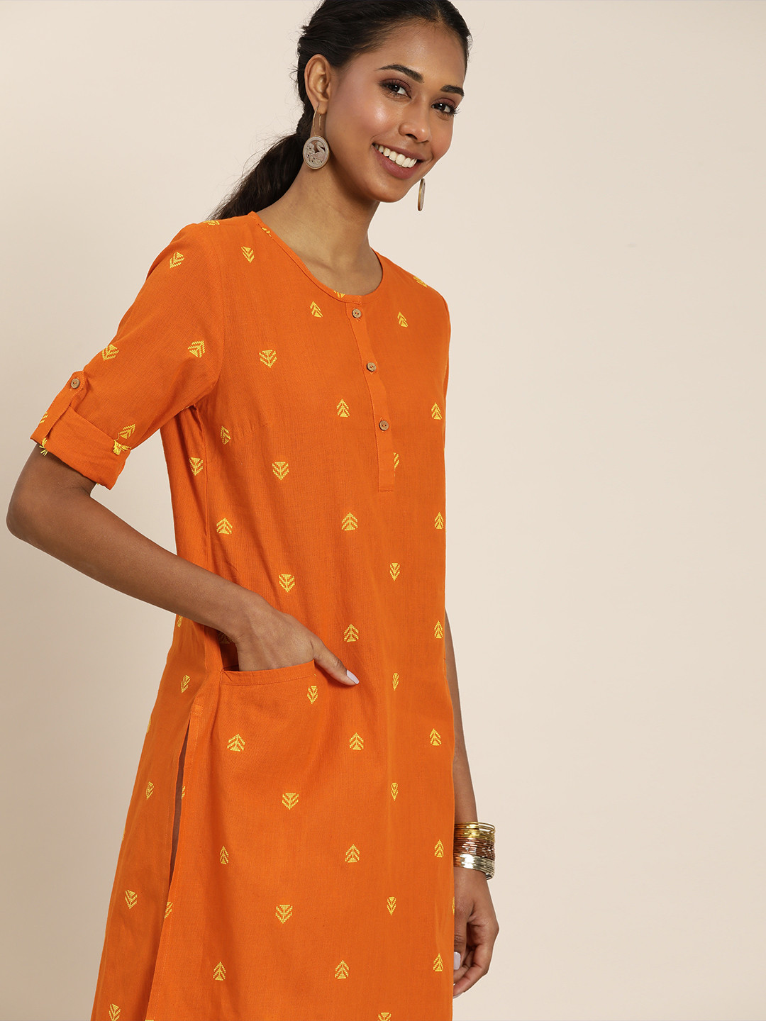 

Taavi Women Orange Woven Legacy Roll-up Sleeved Kurta with Pockets