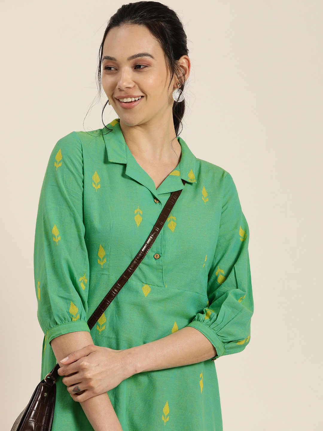 

Taavi Green & Yellow Woven Legacy Shirt Collar Pure Cotton Sustainable Kurti