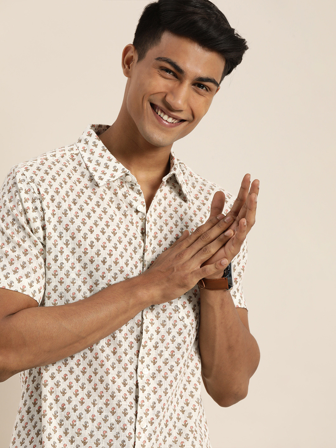 

Taavi Men White Block Print Legacy Casual Sustainable Shirt with Chest Pocket