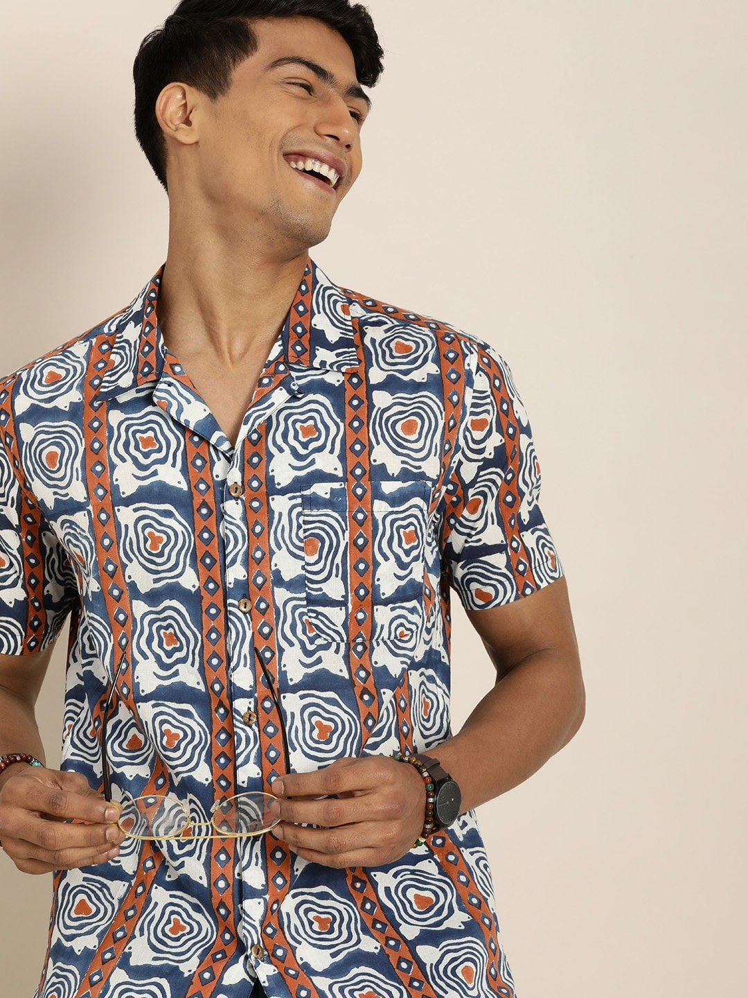 

Taavi Men White & Blue Block Print Legacy Casual Sustainable Shirt with Chest Pocket