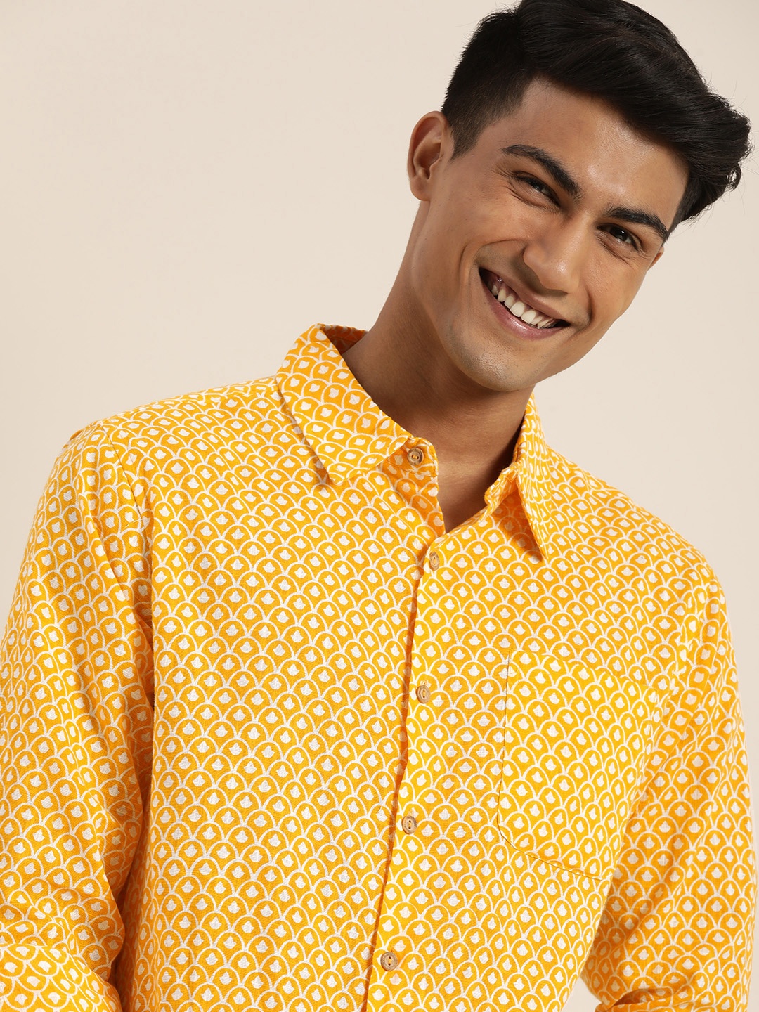 

Taavi Men Mustard Yellow & White Block Print Legacy Casual Sustainable Shirt