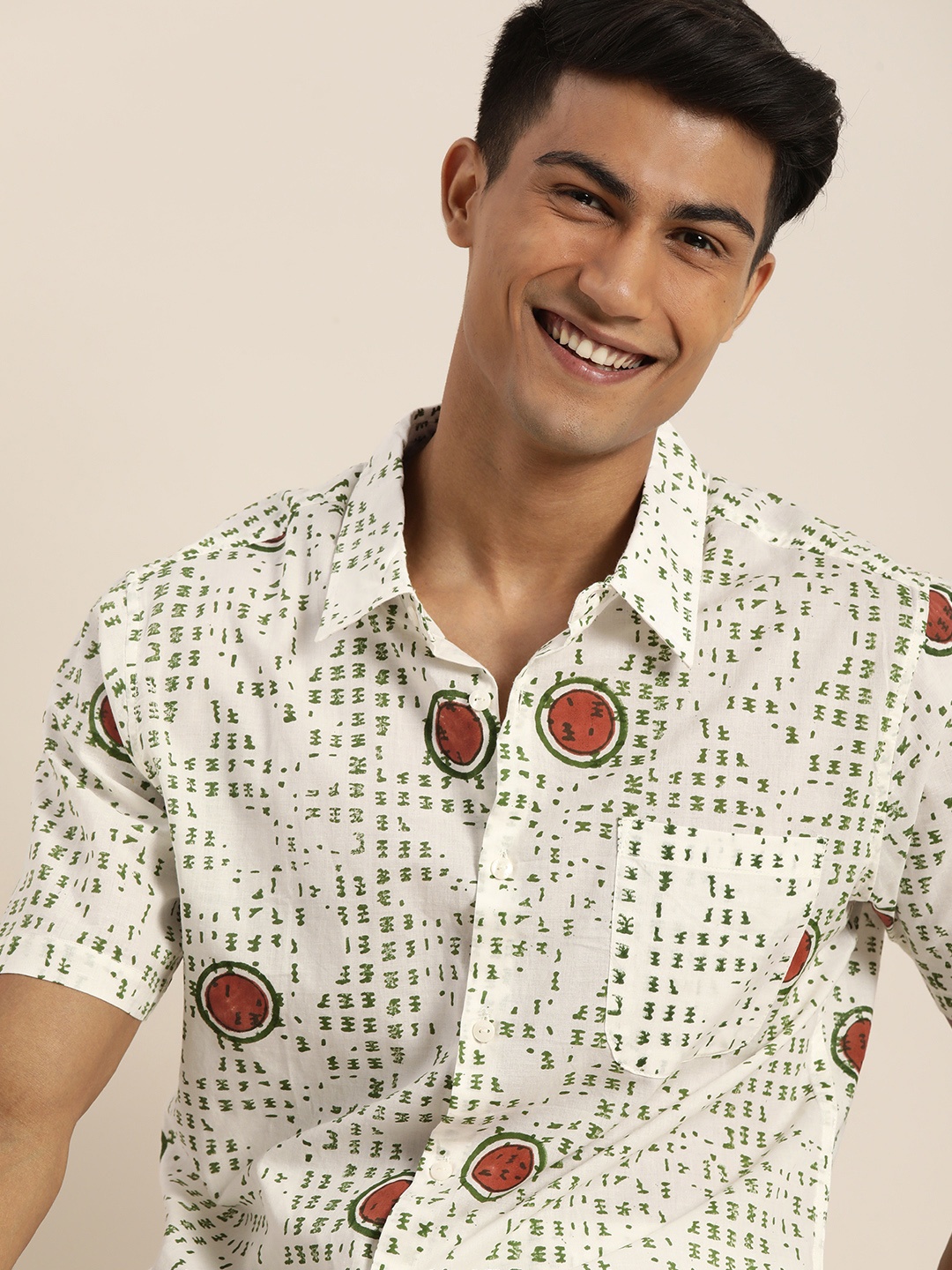 

Taavi Men White & Green Block Print Legacy Casual Sustainable Shirt