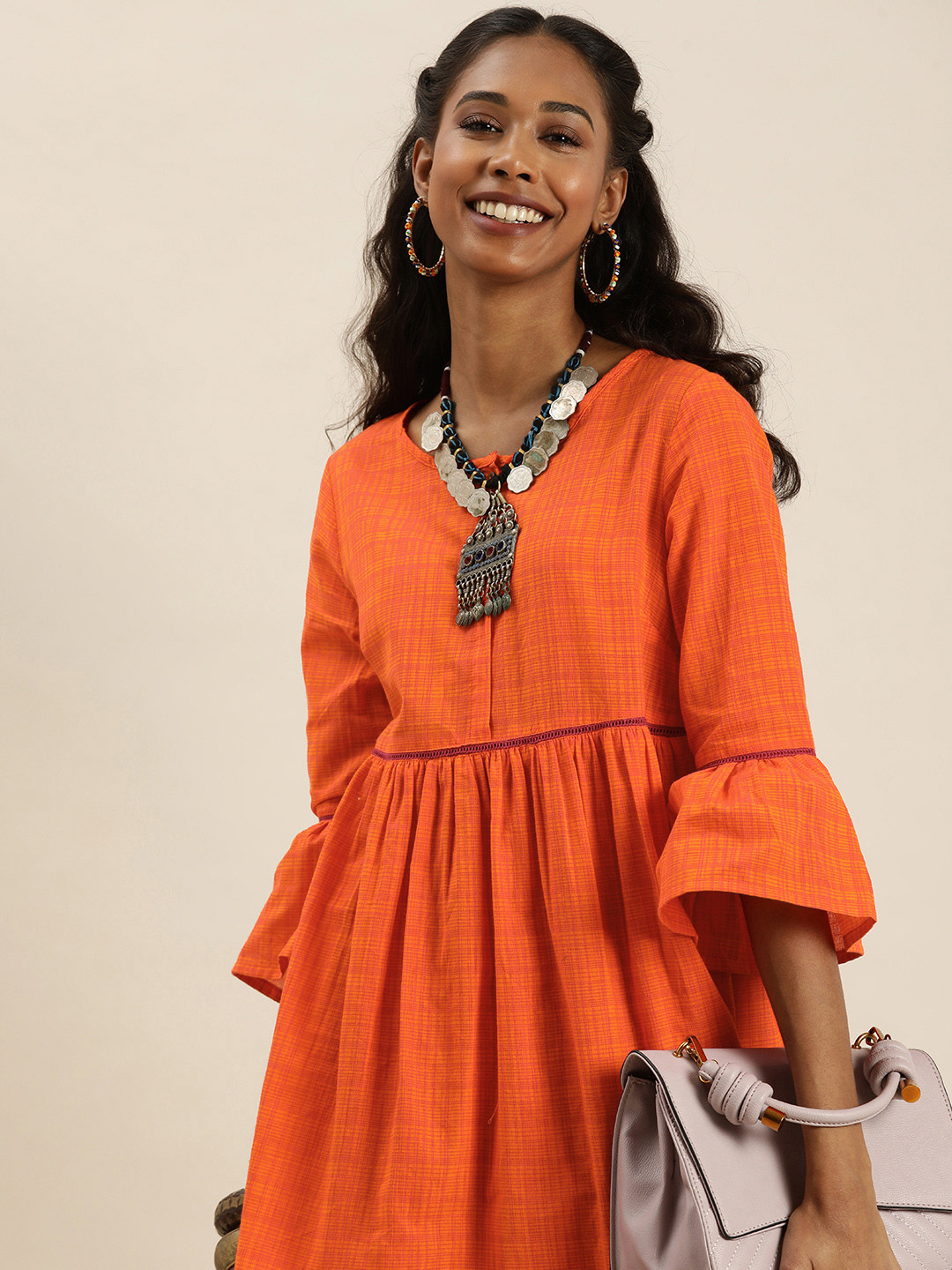 

Taavi Orange Hand Block Print Pure Cotton Sustainable A-Line Top with Gathers