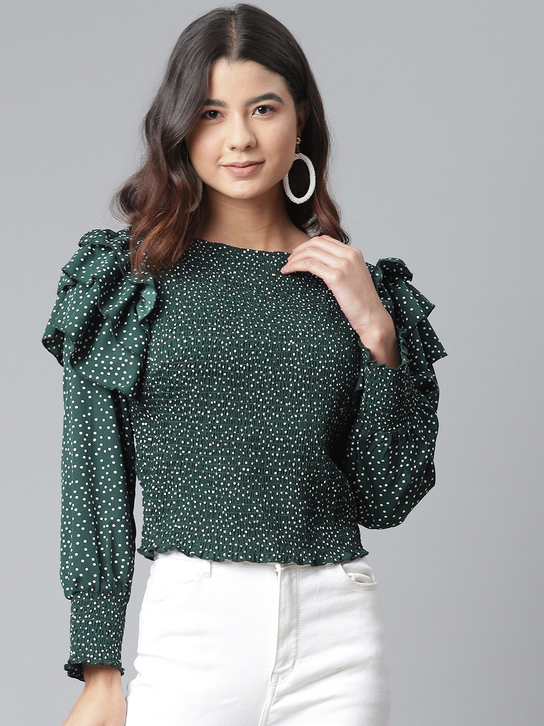 

plusS Green & White Puff Sleeve Ruffles Smocked Regular Top