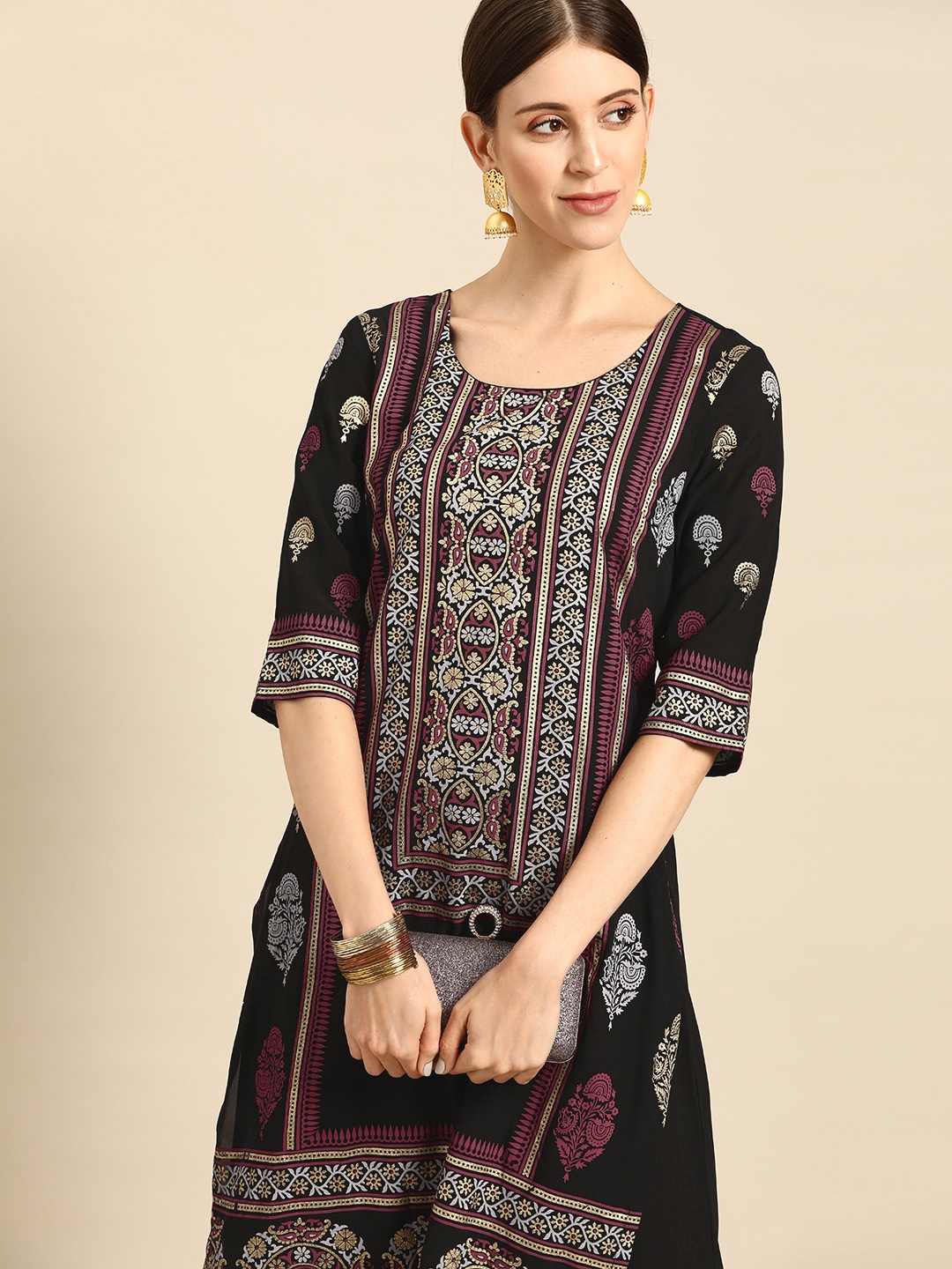 

Anouk Women Black & Purple Ethnic Motifs Printed Silk Georgette Kurta with Palazzos