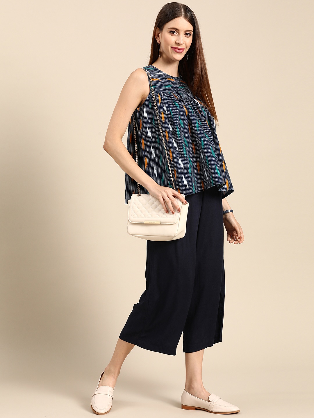 

Anouk Women Navy Blue & White Printed Pleated Pure Cotton Top with Palazzos