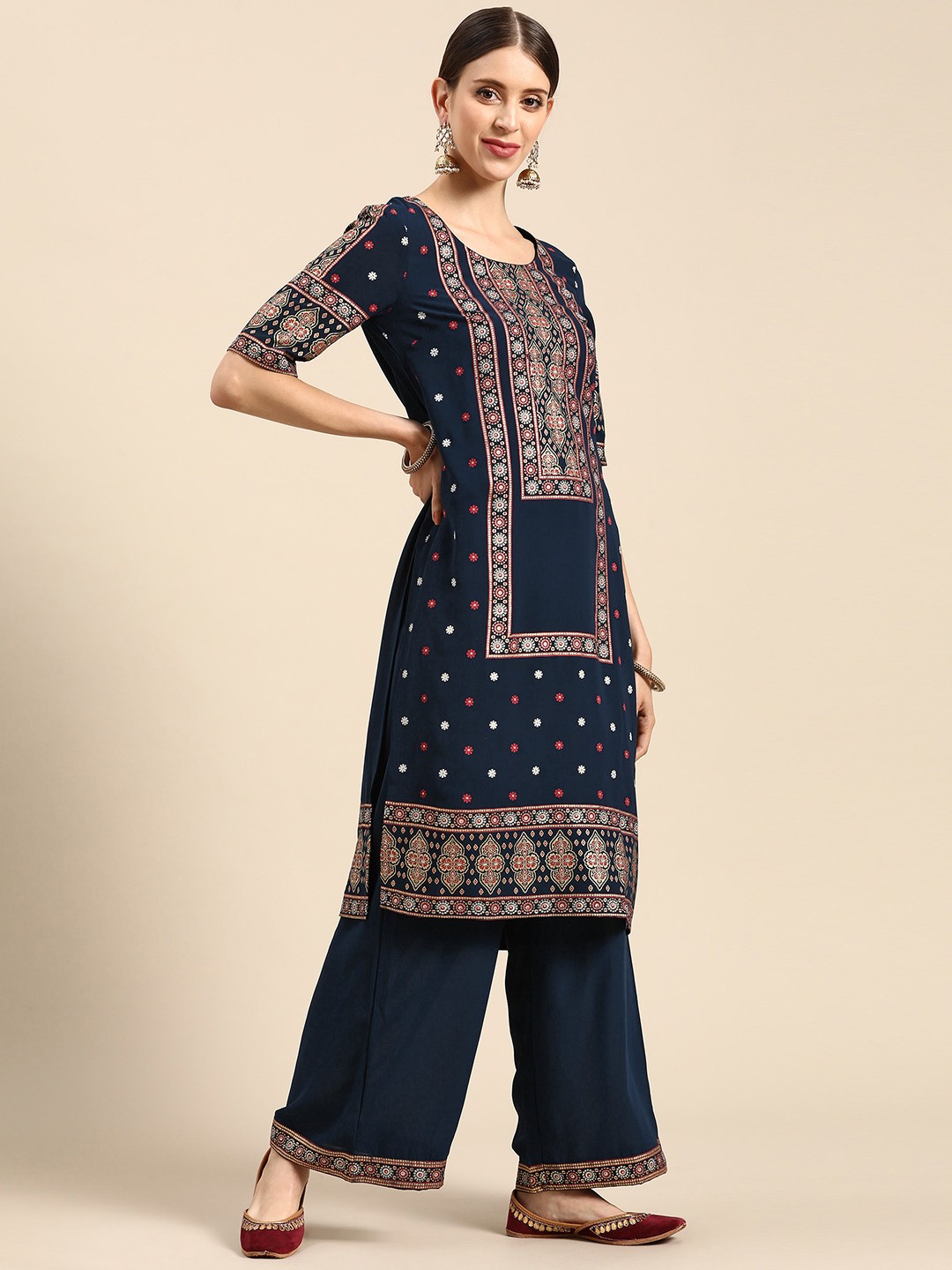 

Anouk Women Navy Blue & Golden Printed Kurta with Palazzos