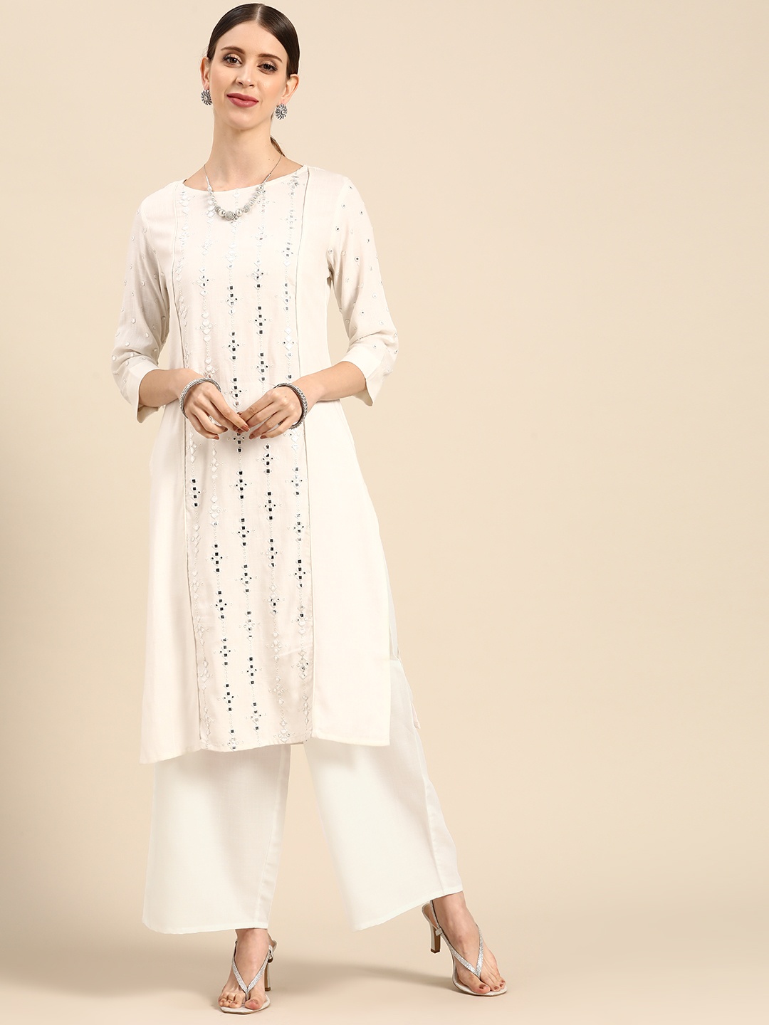 

Anouk Women Off White Mirror Work Straight Kurta with Palazzos