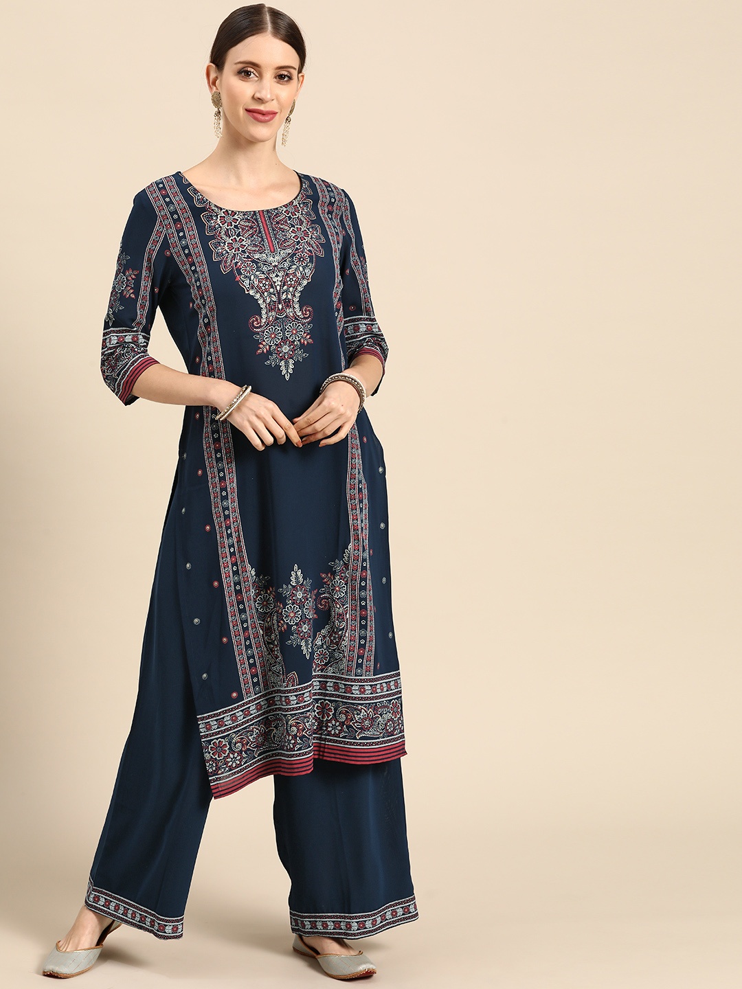 

Anouk Women Navy Blue & White Ethnic Motifs Printed Kurta with Palazzos