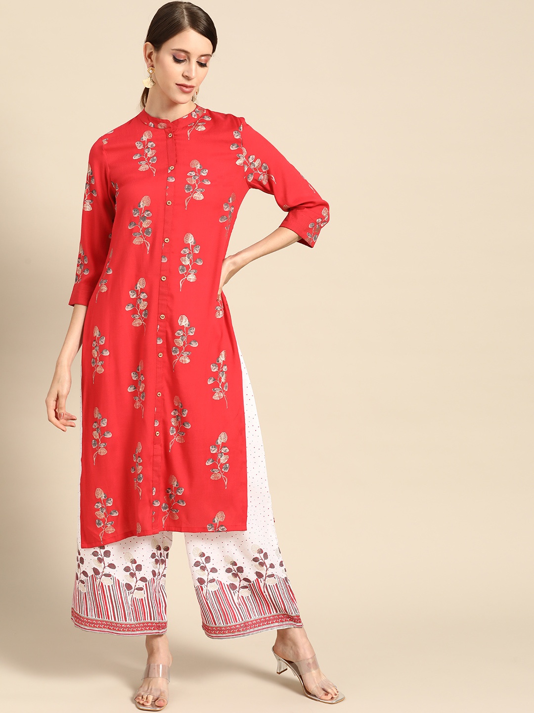 

Anouk Women Red & White Foil Printed Kurta with Palazzos