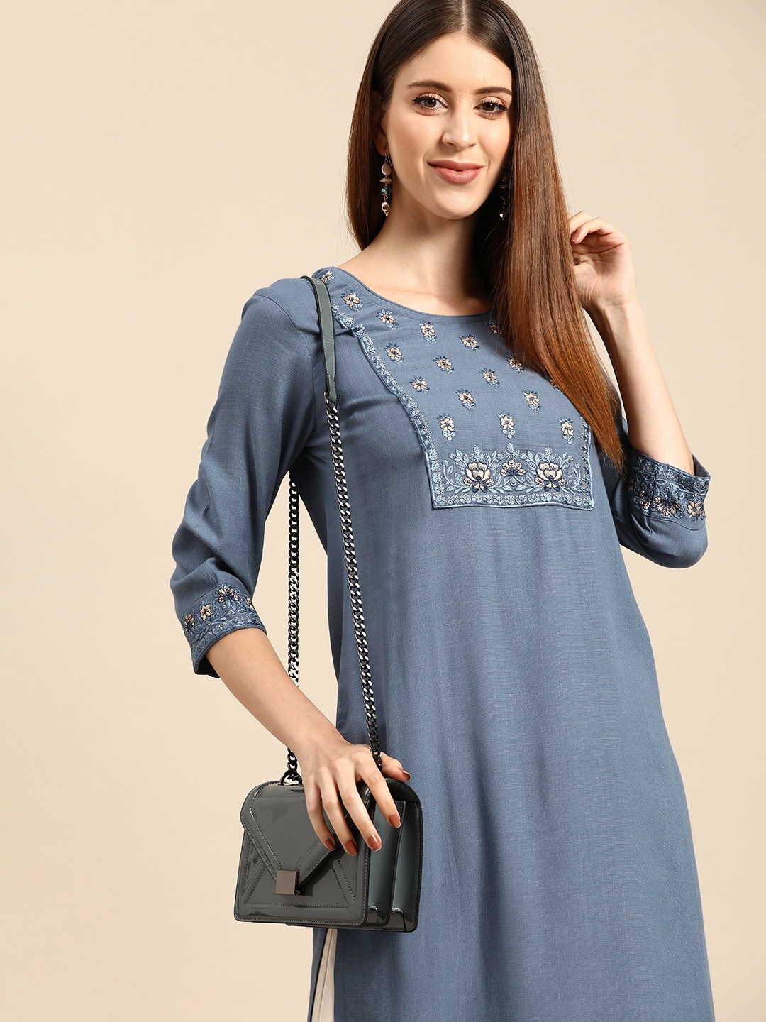 

Anouk Women Blue Ethnic Motifs Yoke Design Kurta