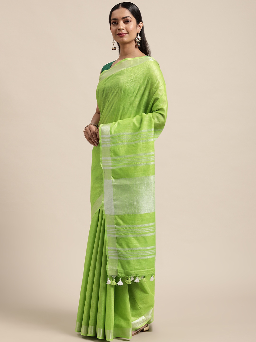 

swatika Lime Green Solid Zari Border Linen Blend Bhagalpuri Saree
