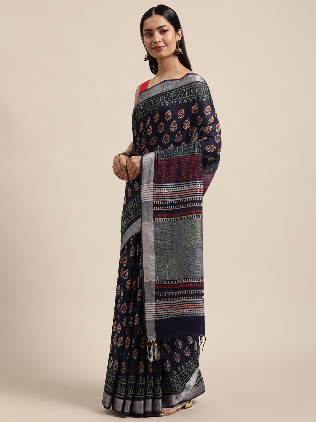 

swatika Navy Blue & Maroon Ethnic Motifs Linen Blend Block Print Handloom Saree