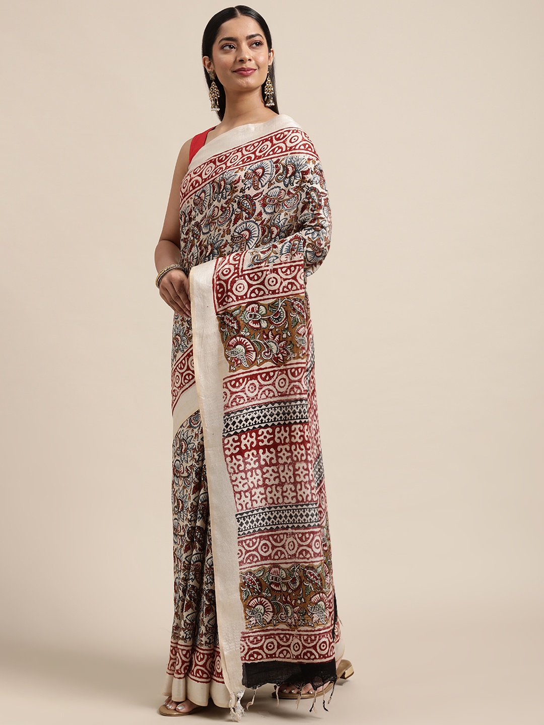 

swatika Off White & Red Bagh Printed Zari Border Linen Blend Bagru Saree