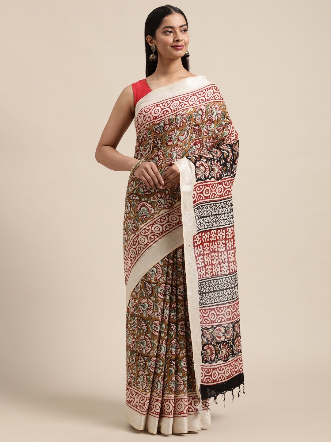 

swatika Mustard & Off White Paisley Linen Blend Bagru Handloom Saree