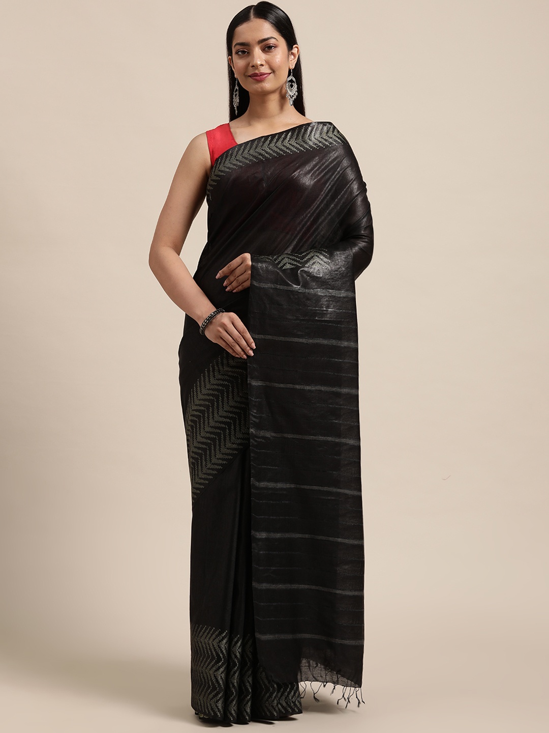 

swatika Black Solid Silk Cotton Bhagalpuri Saree