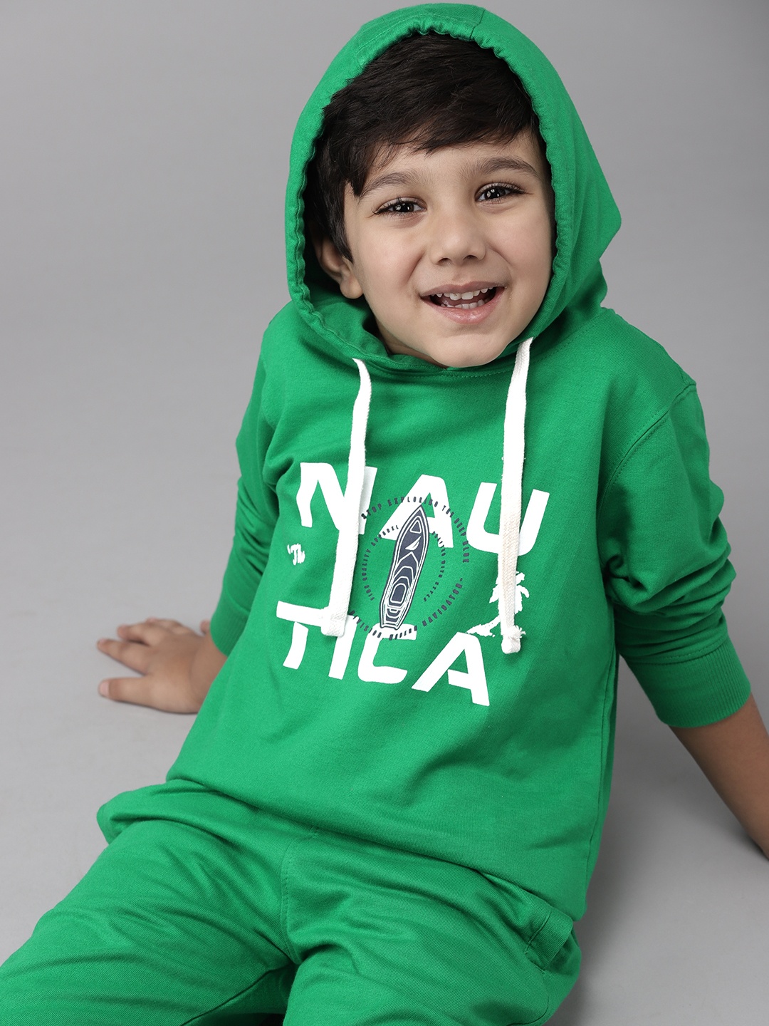 

Nautica Boys Green & White Pure Cotton Brand Logo Print Hooded Sweatshirt