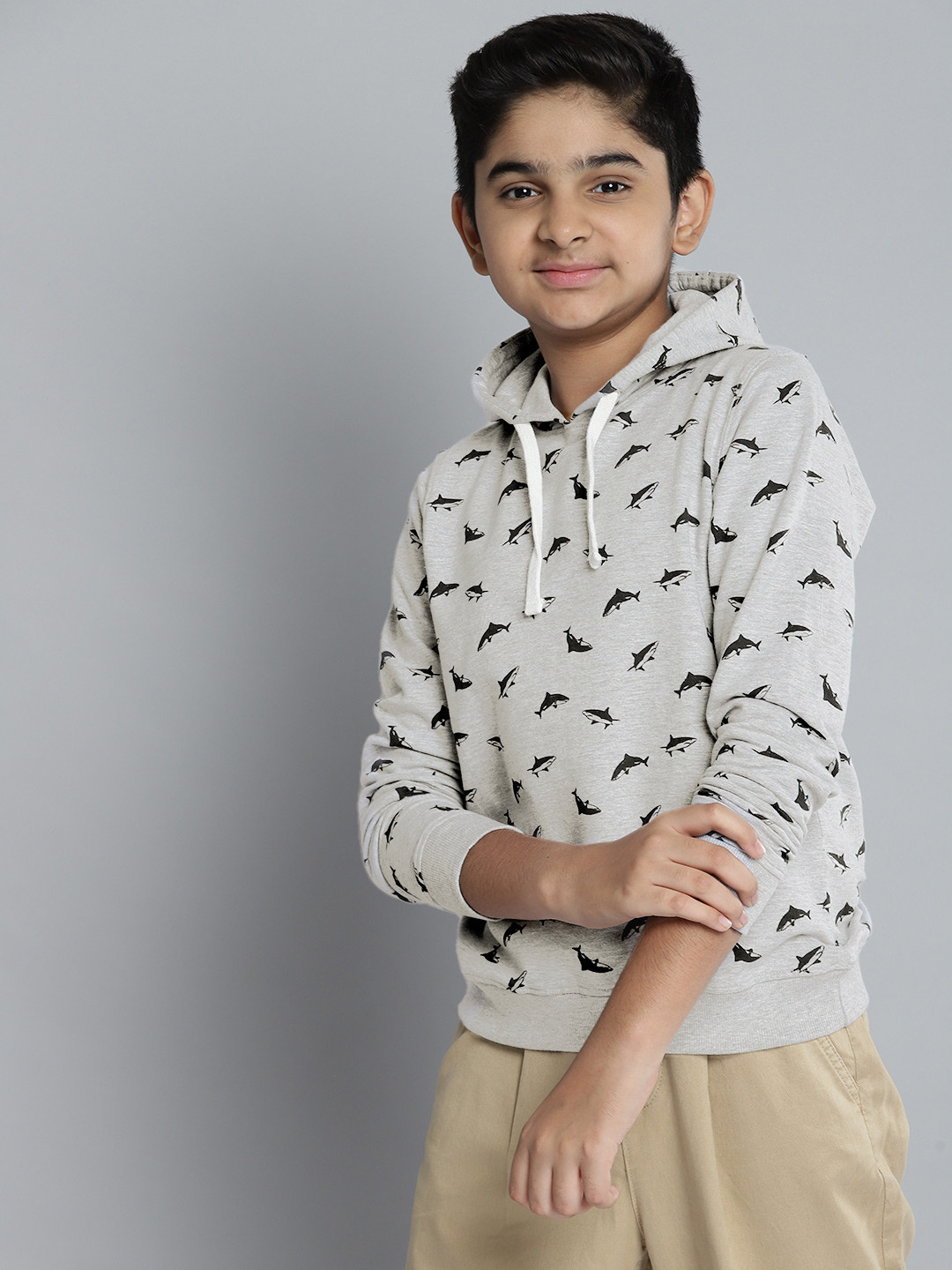 

Nautica Boys Grey Melange & Black Shark Print Hooded Sweatshirt